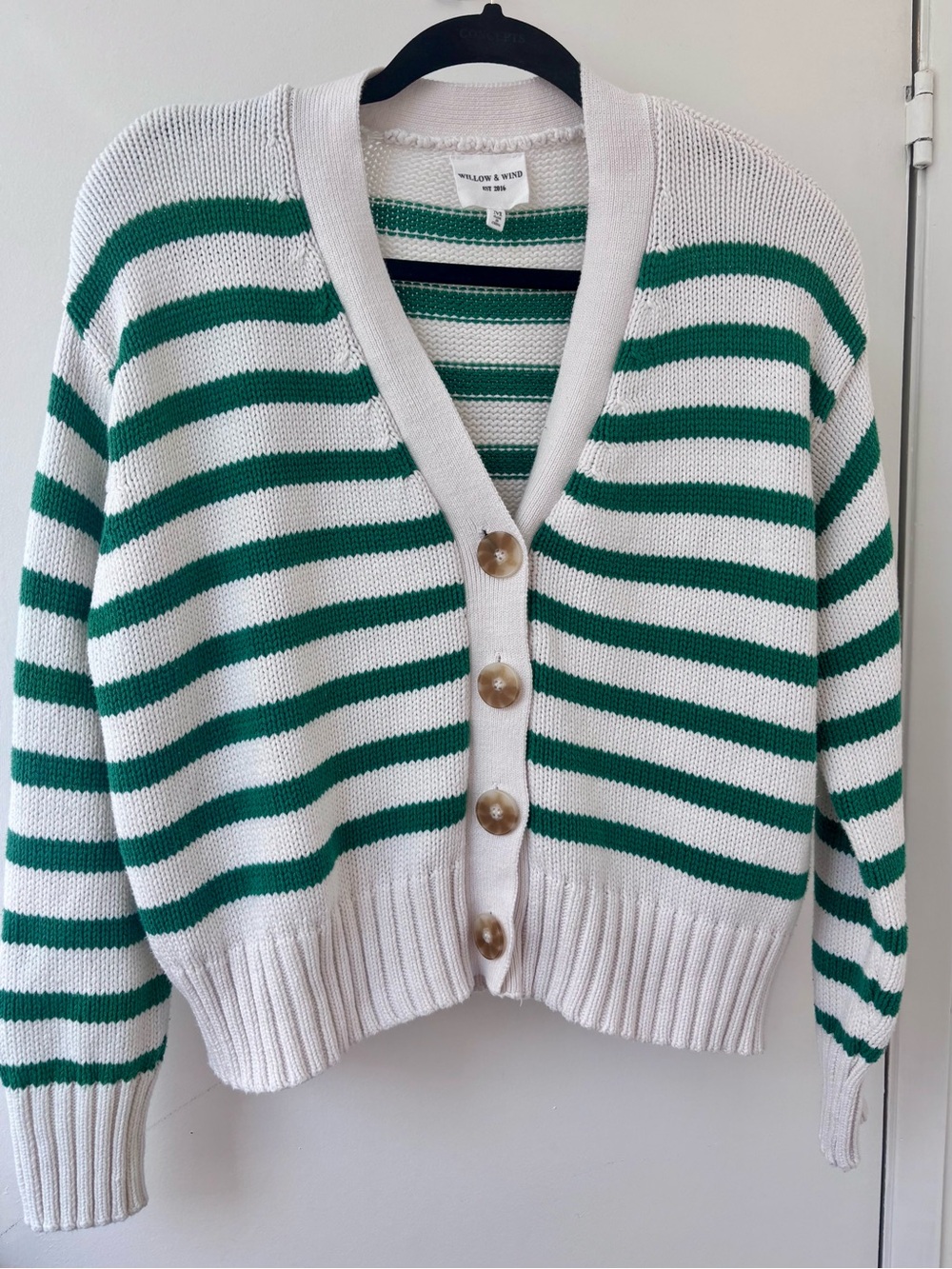 Green and White Striped V-Neck Cardigan
